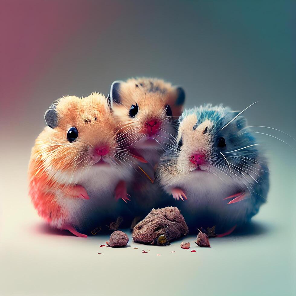 Three hamsters with a bowl of food on a gray background., Image photo