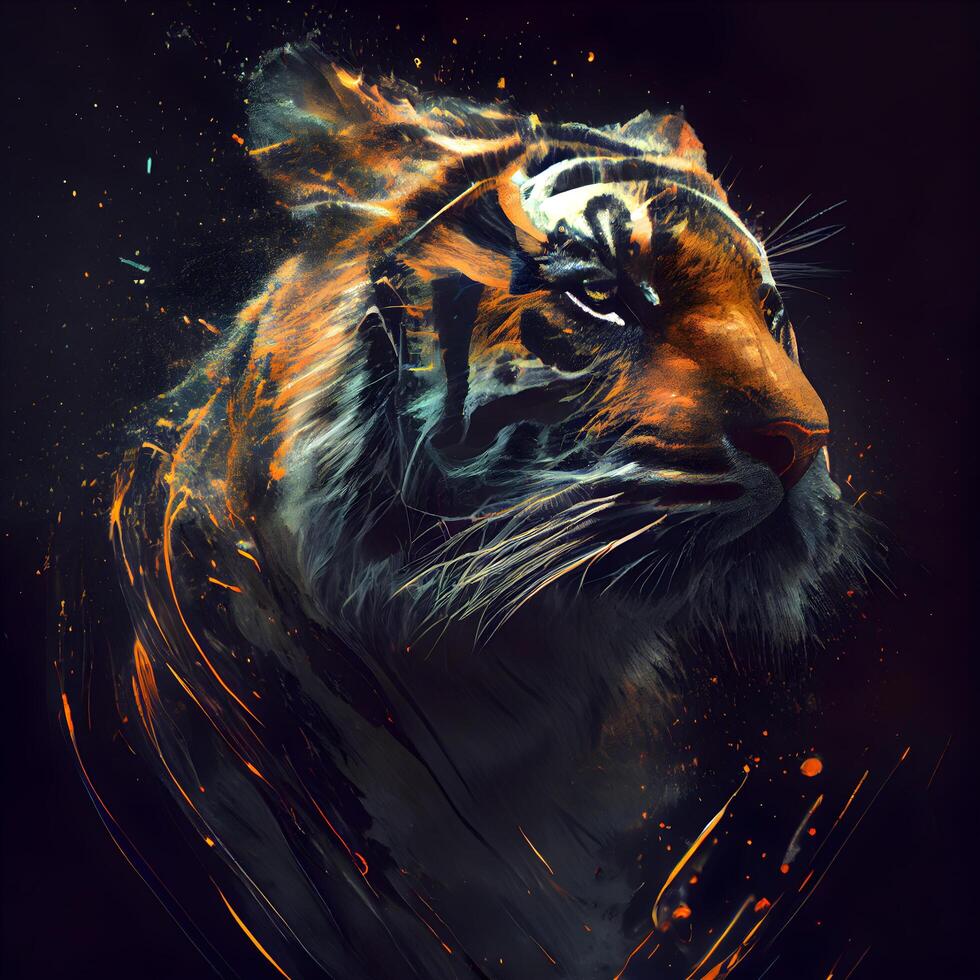 Tiger portrait with fire flames on black background. Digital painting., Image photo
