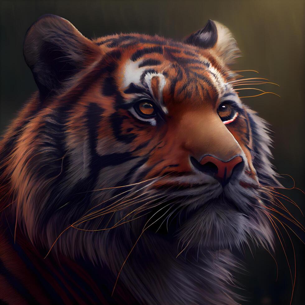 Portrait of a tiger in the dark forest. Digital painting., Image photo