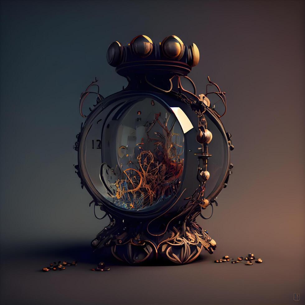 Vintage alarm clock on dark background. 3d render illustration., Image photo