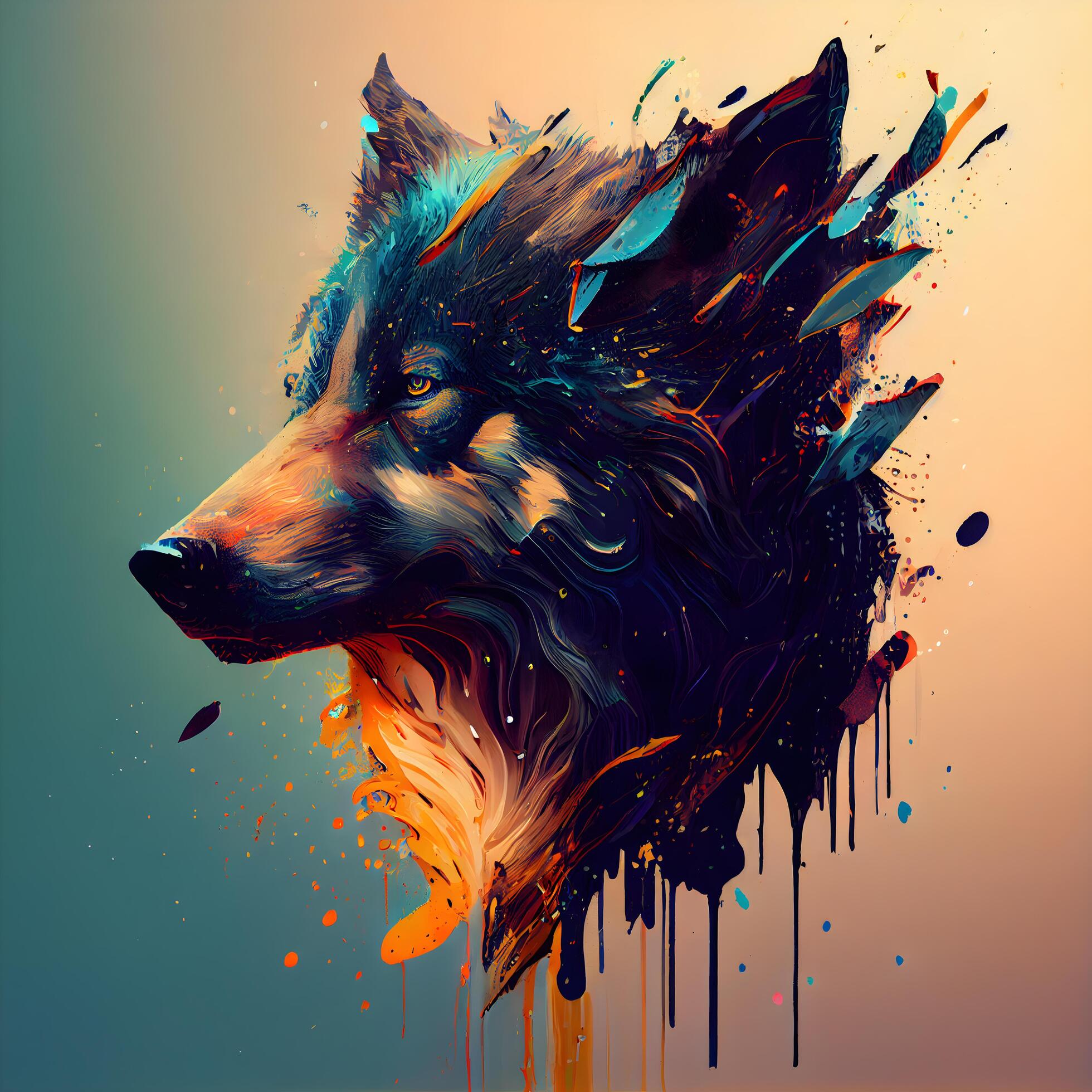 Wolf head with splashes of paint on a light background. illustration