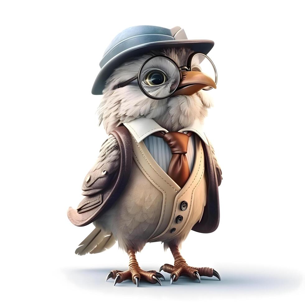 Cute owl with glasses and a hat on a white background., Image photo