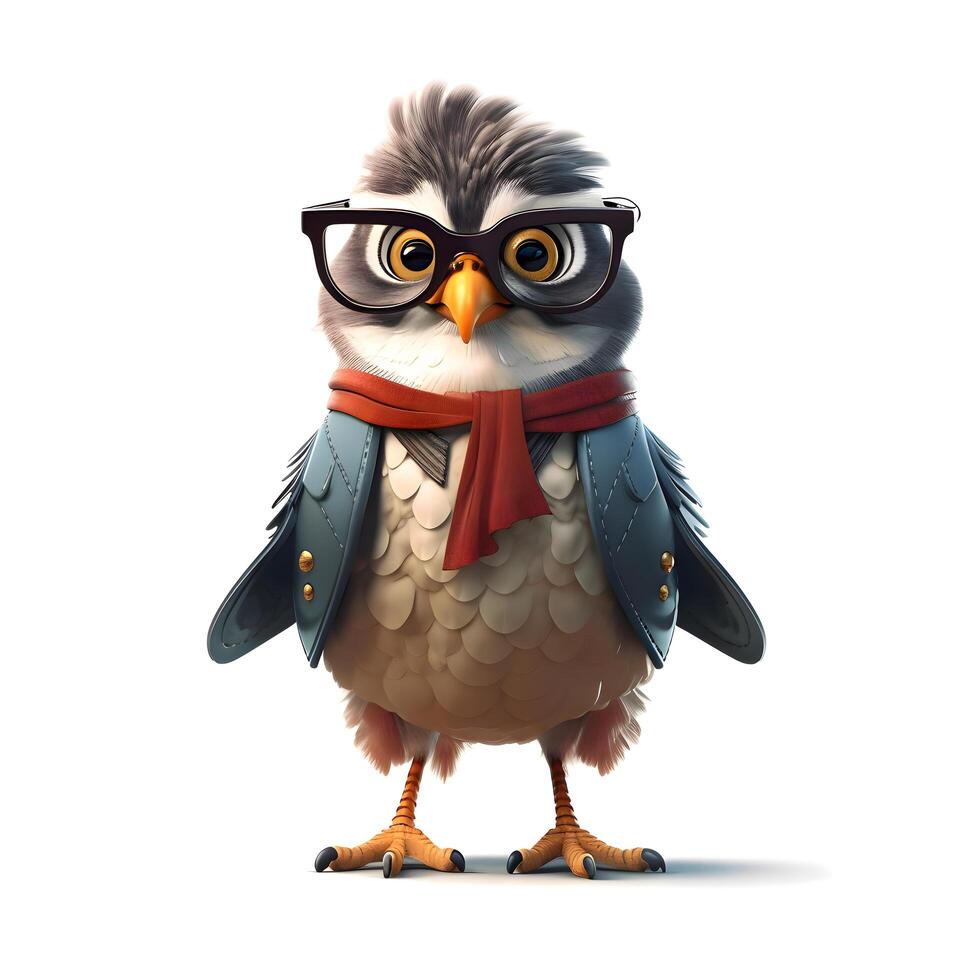 3D rendering of a cute cartoon owl with glasses isolated on white background, Image photo