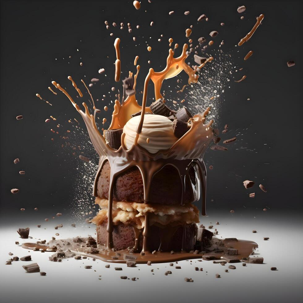 Chocolate cake with whipped cream and caramel sauce on a black background, Image photo