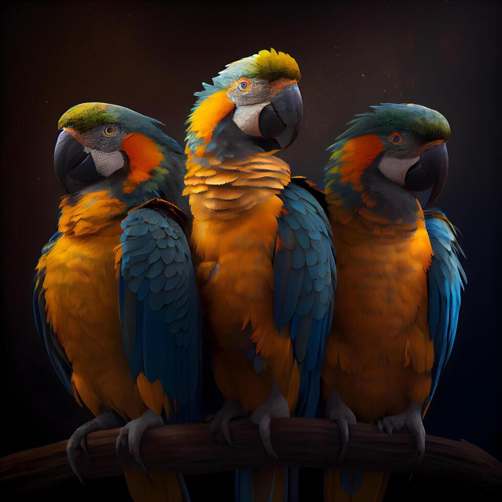 Three macaws sitting on a branch on a black background. 3d render, Image photo