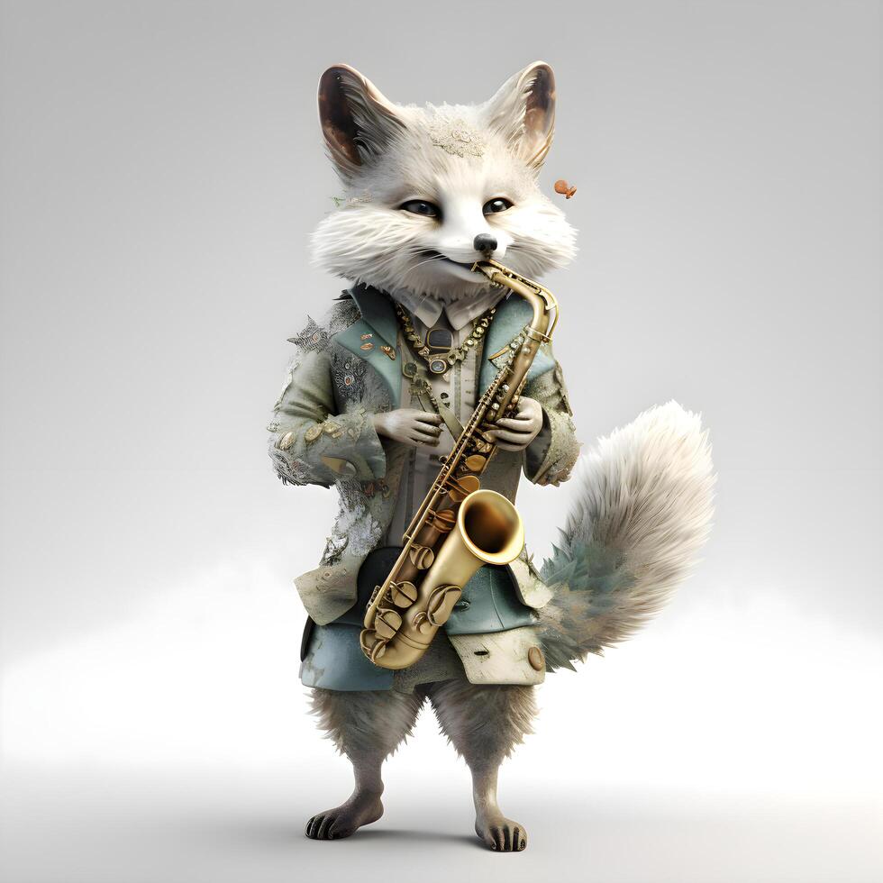 Cute fox playing the saxophone. 3D render illustration., Image photo