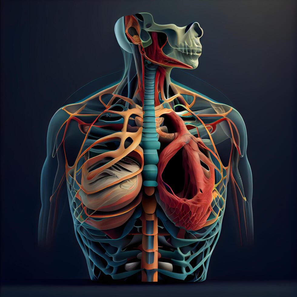 Human body with highlighted lungs on dark background. 3D illustration., Image photo