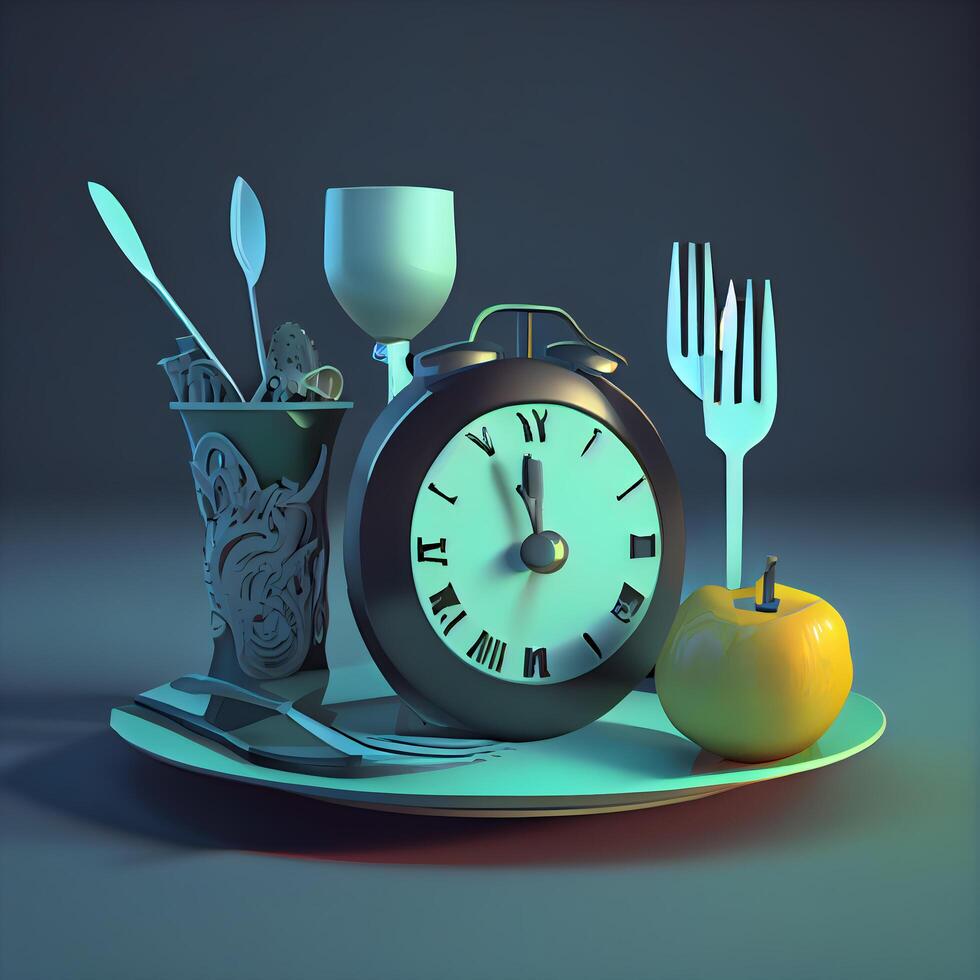 alarm clock, apple and cutlery on plate. 3d illustration, Image photo