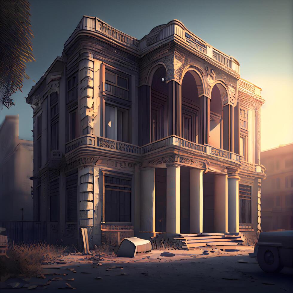 Ruins of an old house in the city. 3D rendering, Image photo