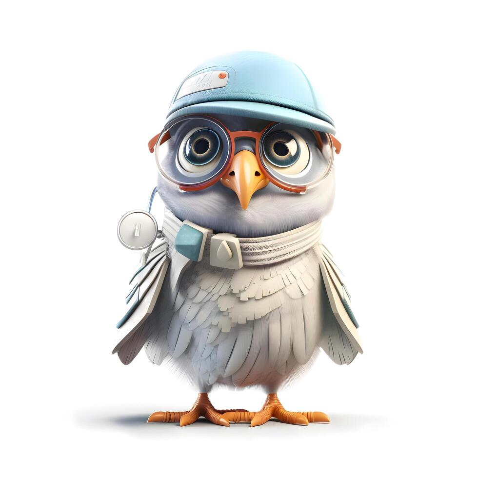 Cute bird in police cap isolated on white background, 3d illustration, Image photo