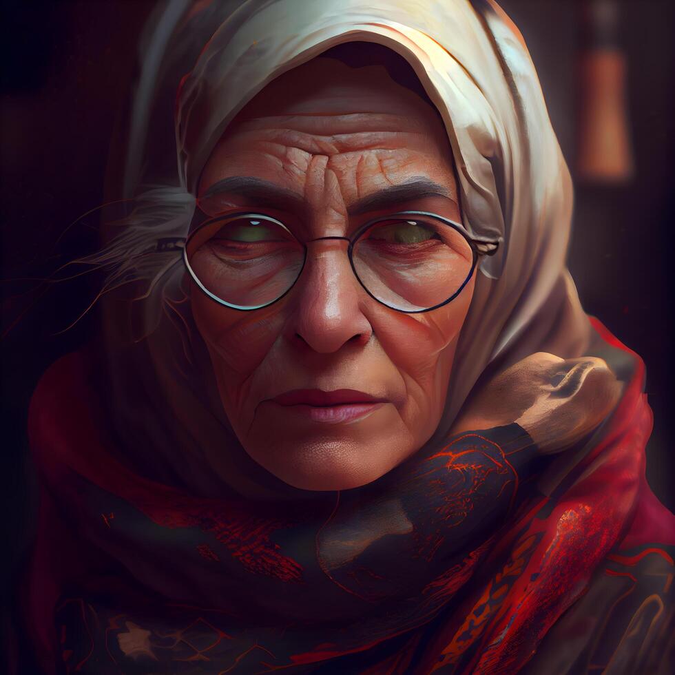 Portrait of an old woman with glasses and a red scarf., Image photo