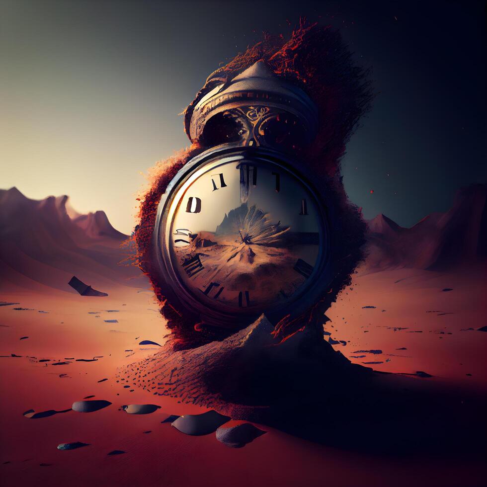 3d illustration of a clock on the background of a desert landscape, Image photo