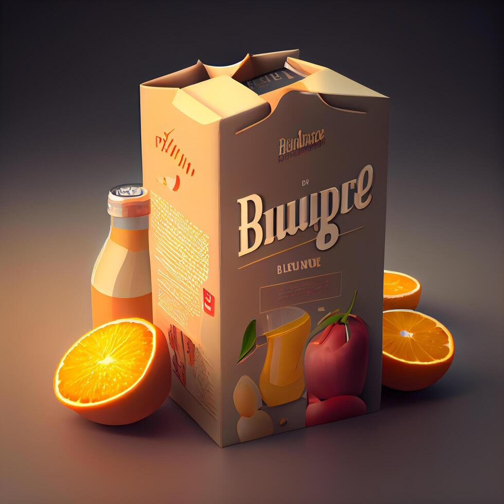 Packaging box with juice and fruits on a dark background. illustration., Image photo
