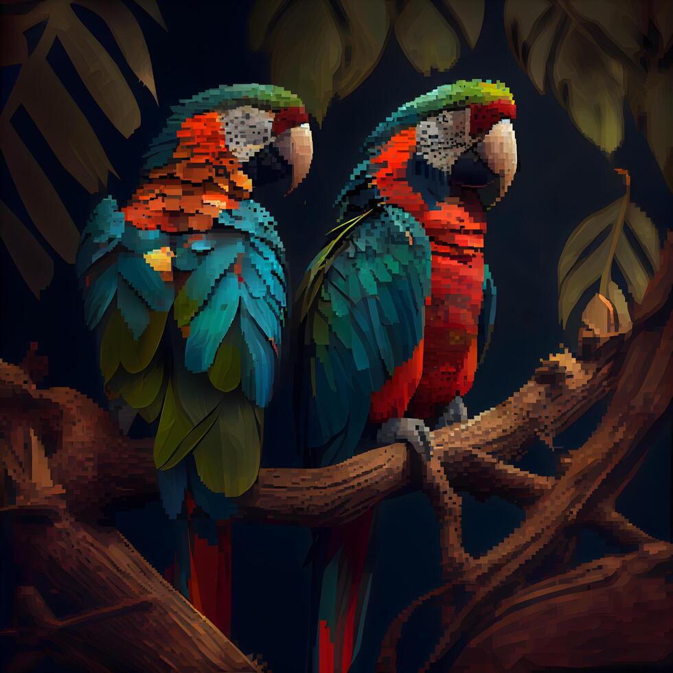 vistoso loros sentado en un rama en el selva. ilustración, ai generativo imagen foto