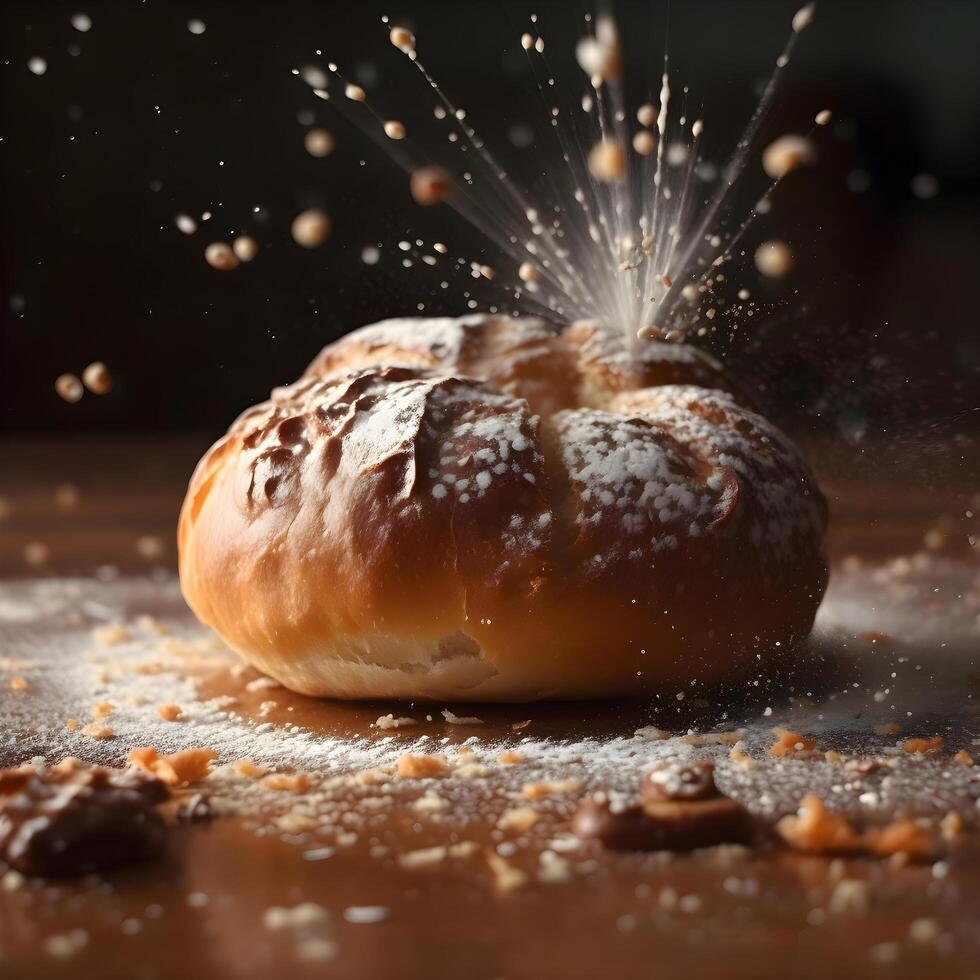 Chocolate croissant sprinkled with powdered sugar on a black background