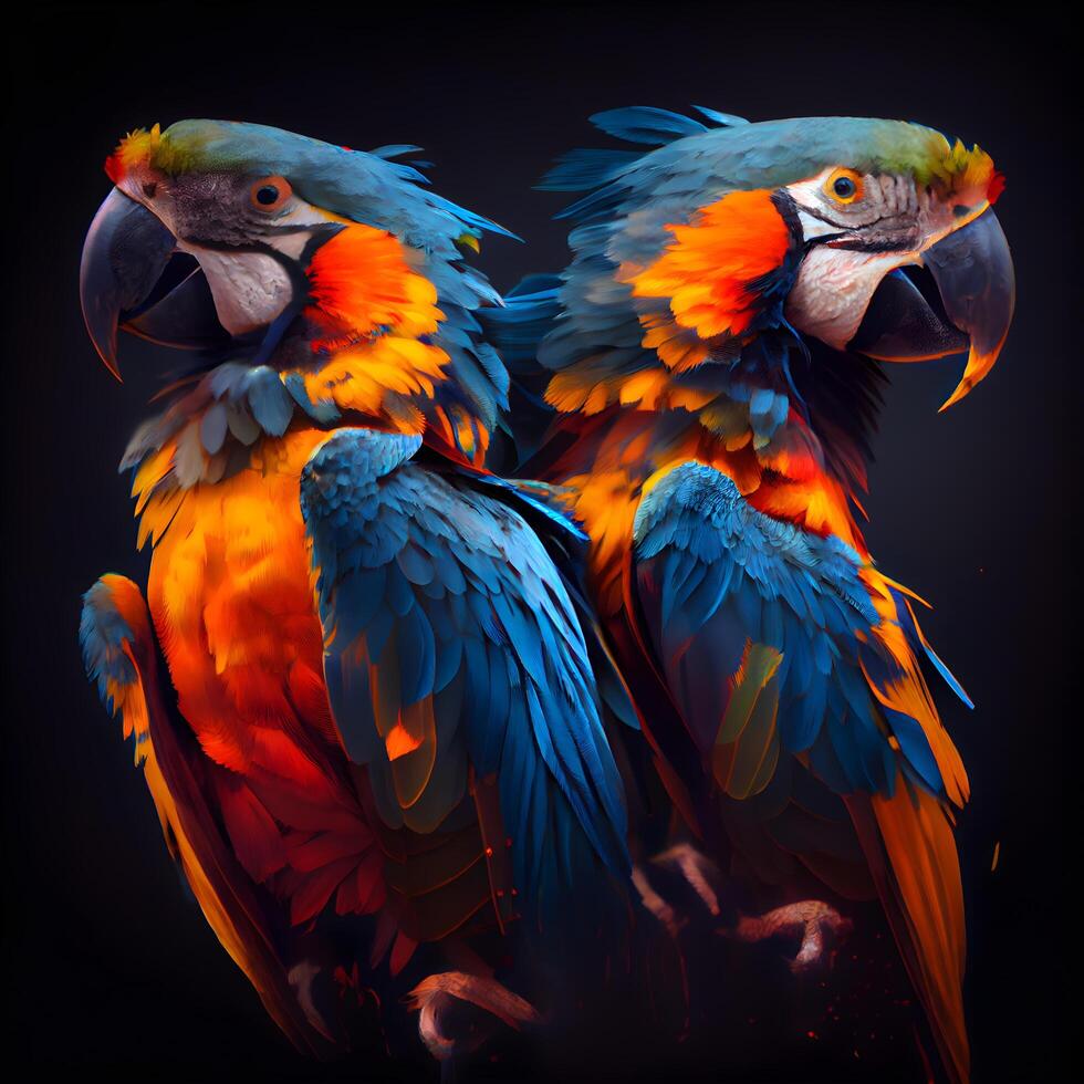 hermosa guacamayo loros en un negro antecedentes. 3d representación, ai generativo imagen foto