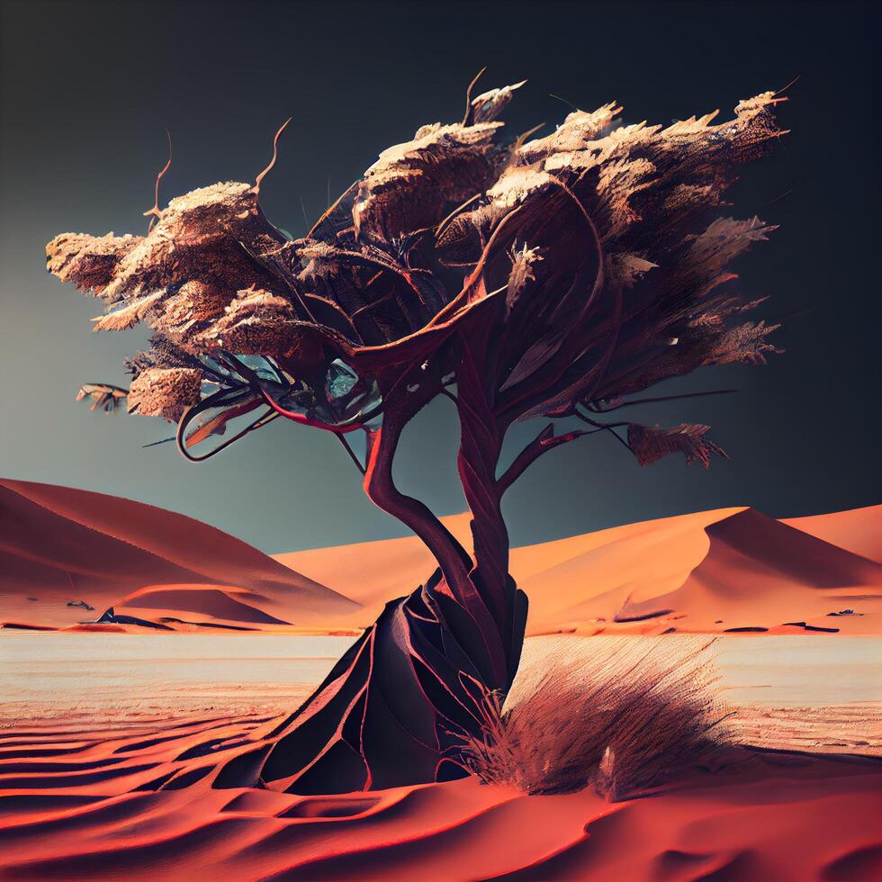 3d ilustración de un árbol en el Desierto con arena dunas, ai generativo imagen foto