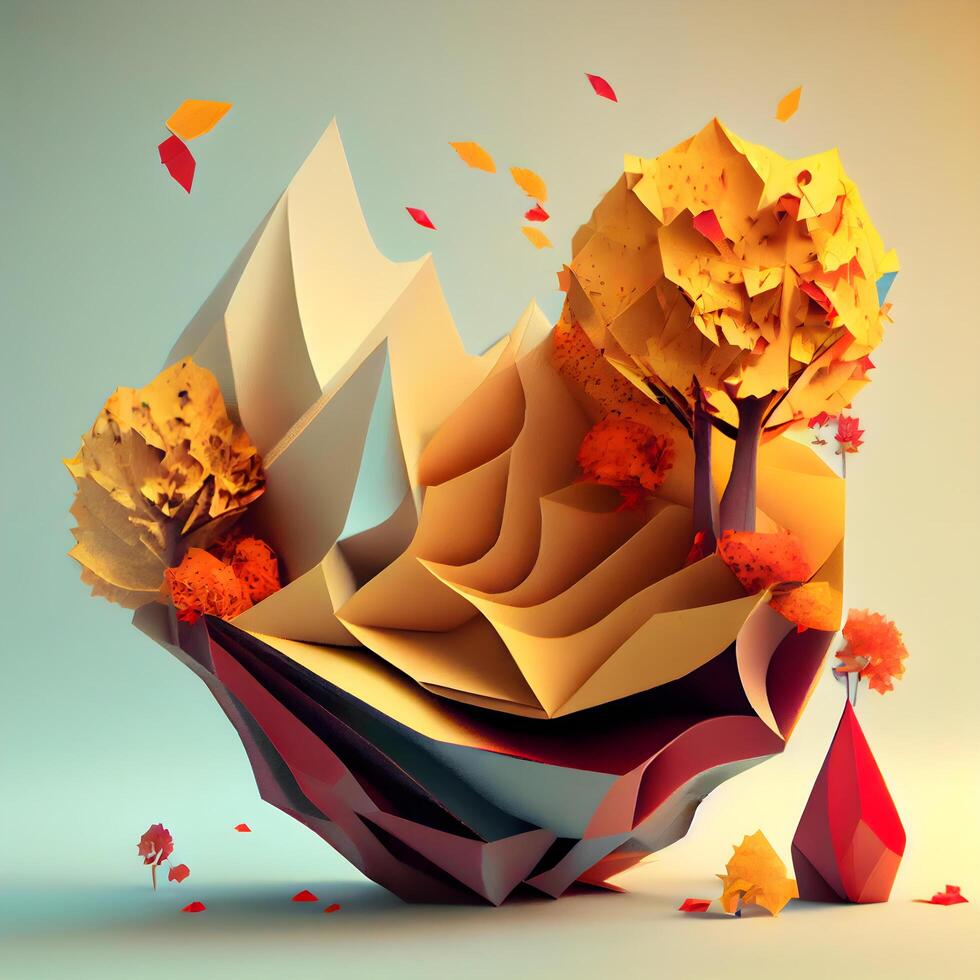 Autumn landscape with falling leaves. 3d render. Nature concept., Image photo