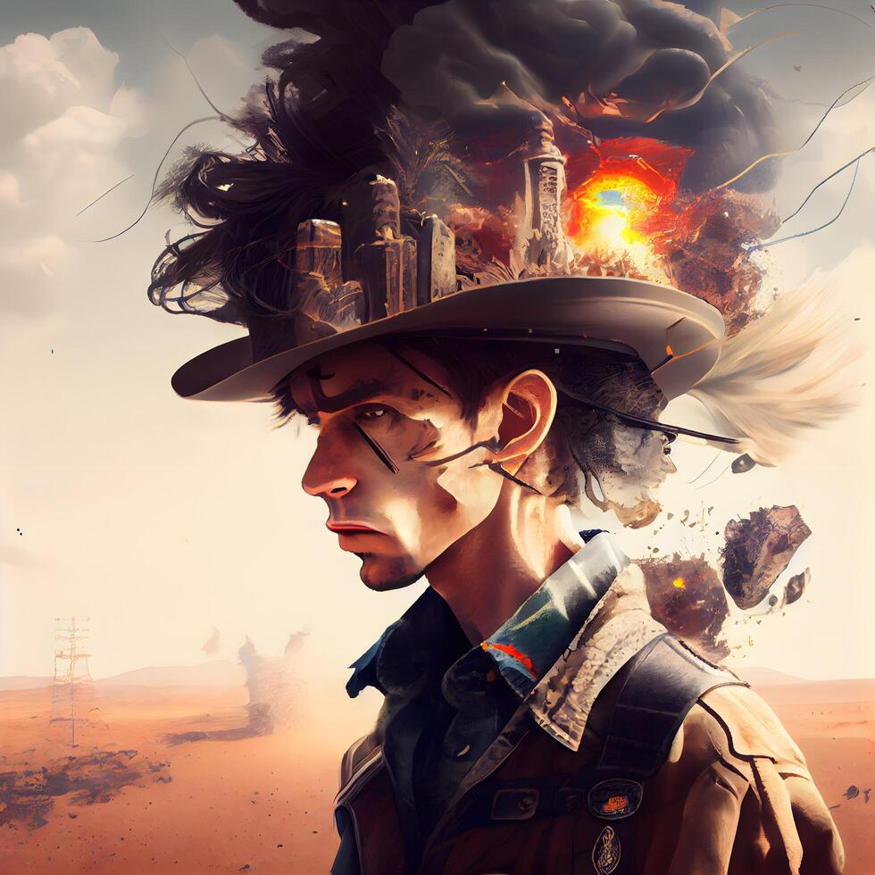 Steampunk man in the desert. 3d illustration. Elements of this image furnished by NASA, Image photo