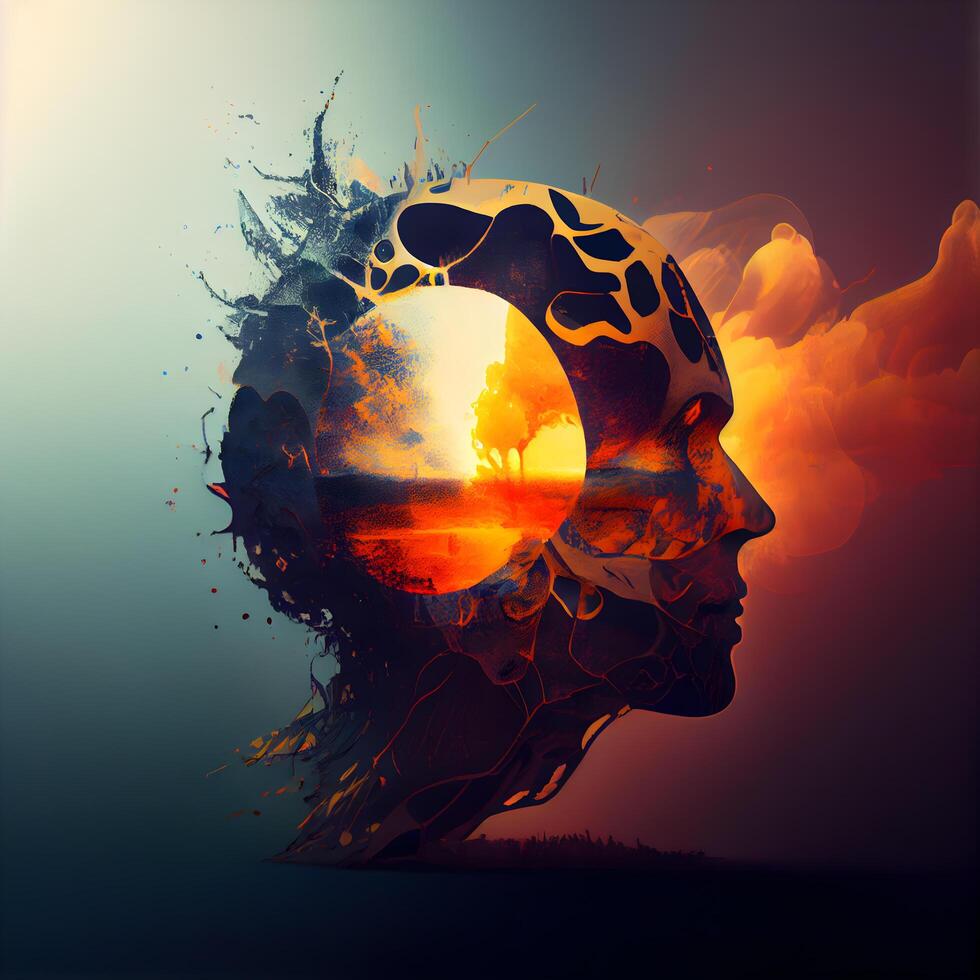 Double exposure of human head with moon and sunrise. illustration., Image photo