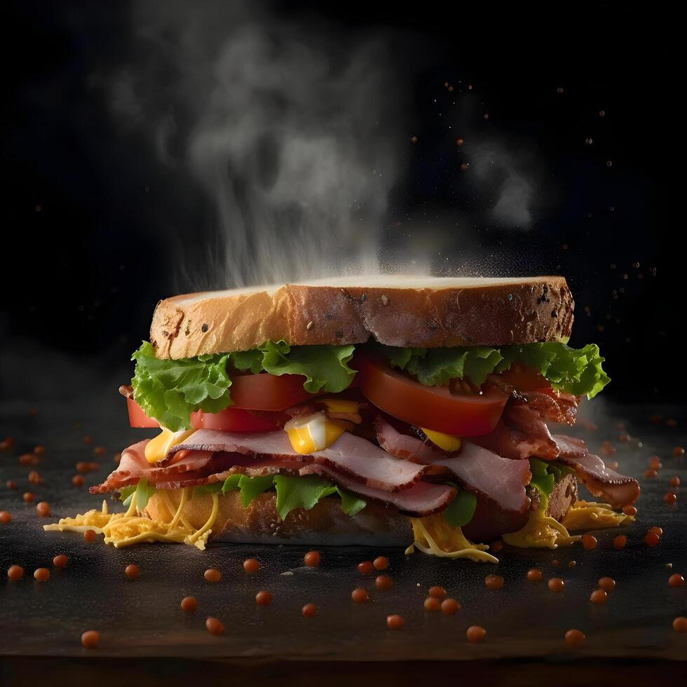 Burger with chicken, cheese and vegetables on a dark background., Image photo