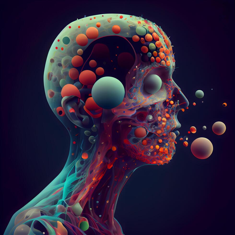 3d rendering of a human skeleton with colorful bubbles in the brain, Image photo