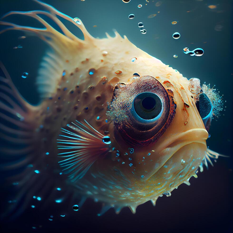 Puffer fish in aquarium. Underwater world. 3d rendering, Image photo
