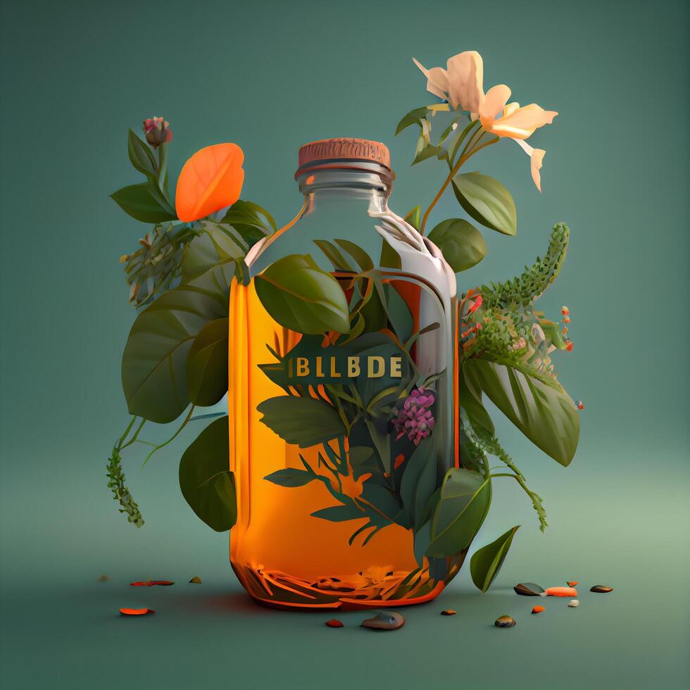 Alcoholic drink in a glass bottle with flowers and leaves. illustration., Image photo