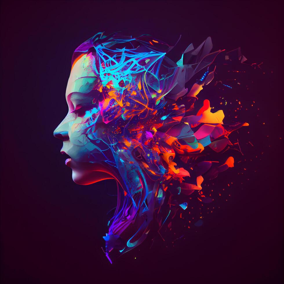 3d rendering of a female face combined with colorful paint splashes, Image photo