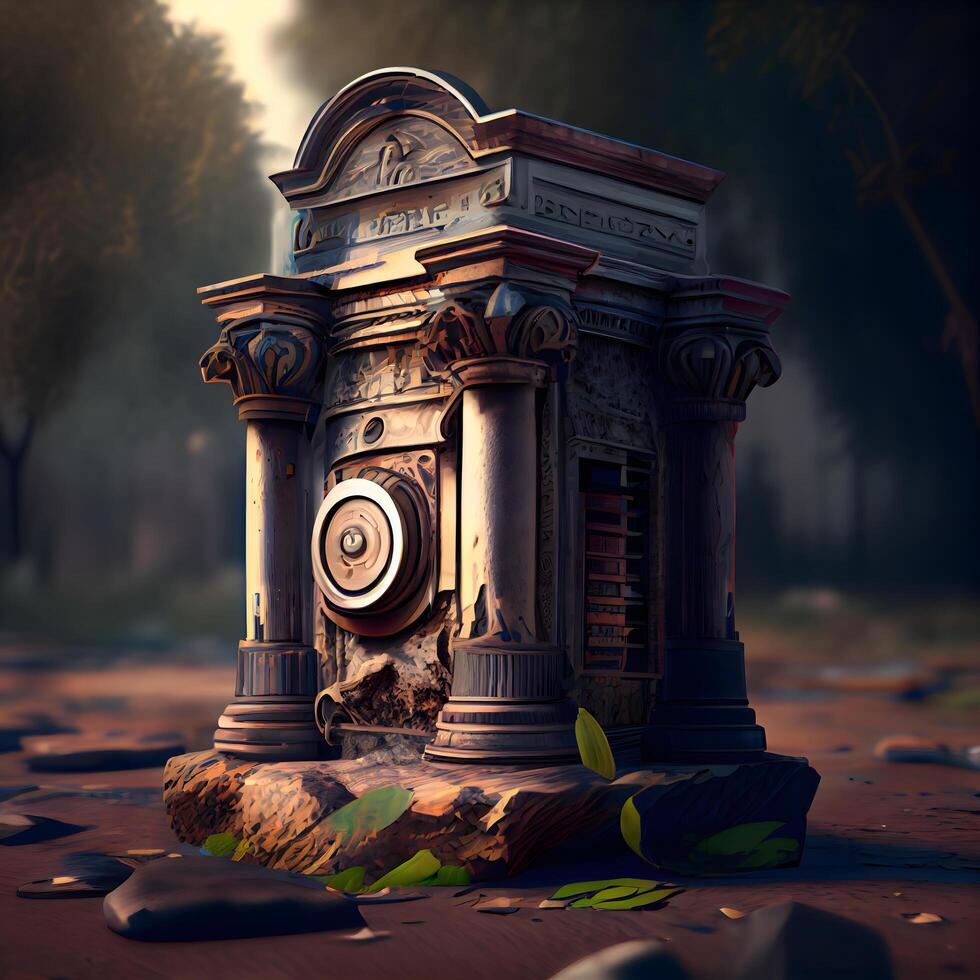 3D rendering of an old fountain in the middle of the forest, Image photo