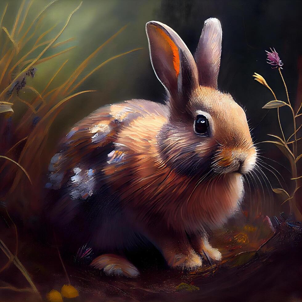 Digital painting of a cute little brown rabbit sitting in the grass., Image photo
