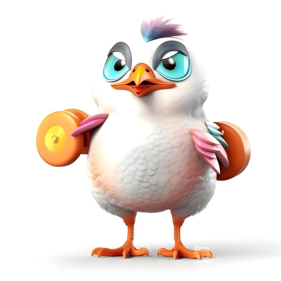 Cartoon character of a bird with dumbbells on white background, Image photo