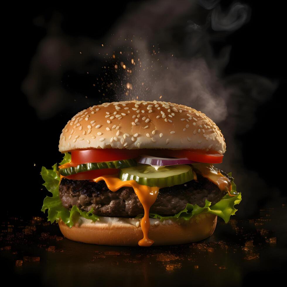 hamburguesa en un oscuro antecedentes con fumar. tonificado., ai generativo imagen foto