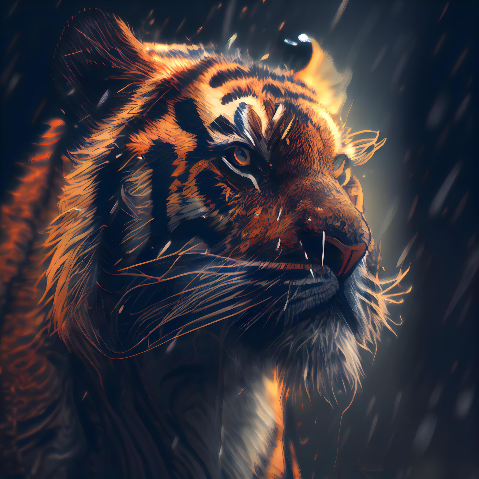 Tiger in the rain. 3D rendering. Digital painting., Ai Generative