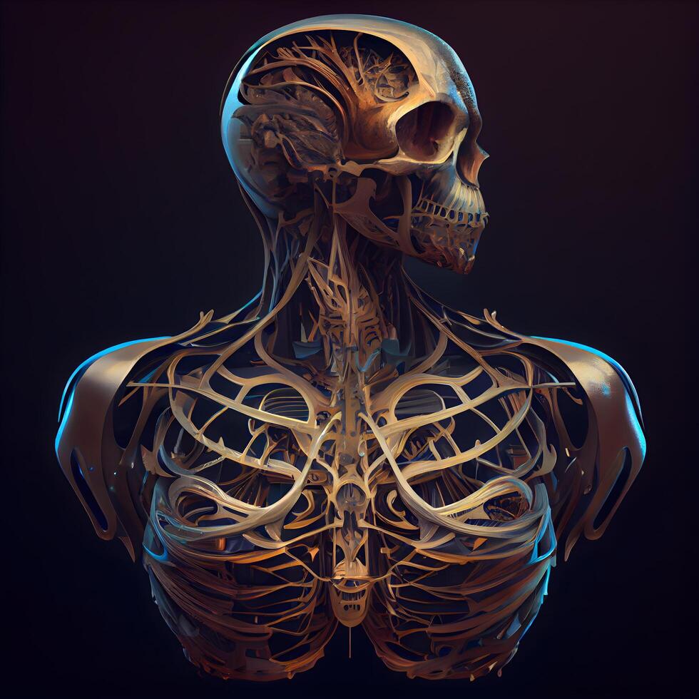 Human skeleton anatomy, 3D render, isolated on black background., Image photo