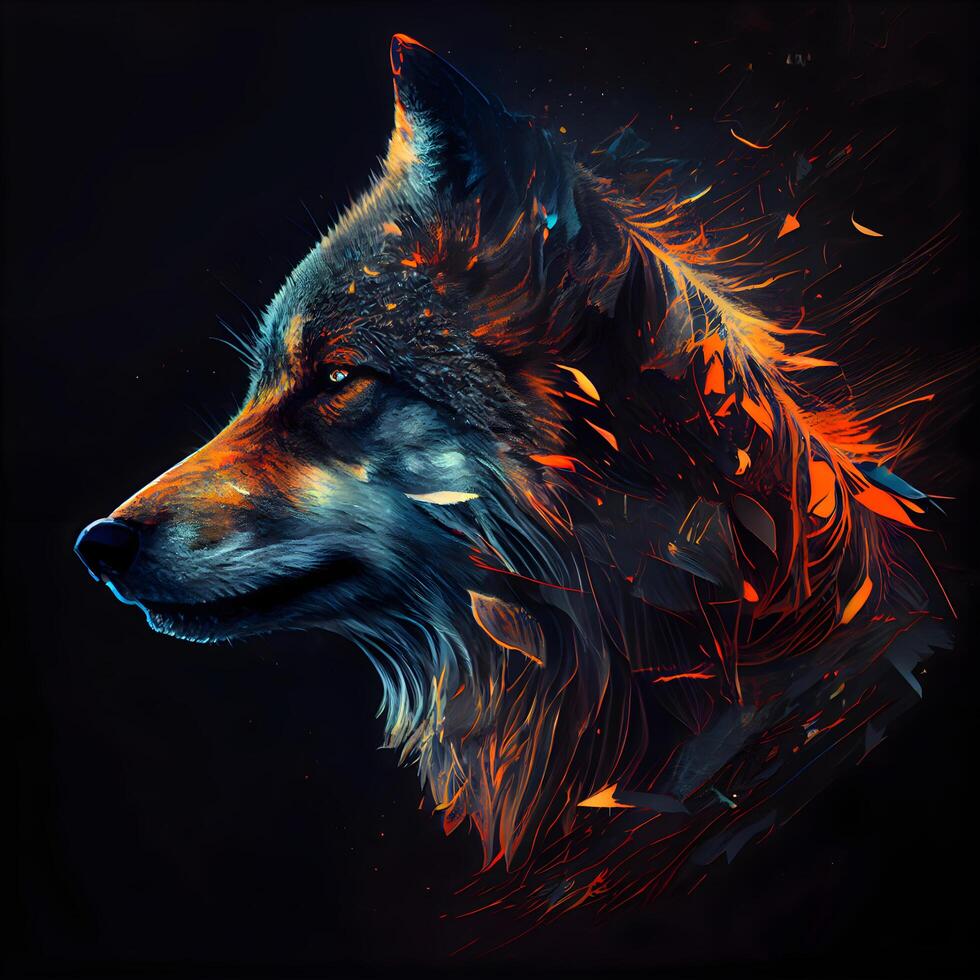 Wolf head with feathers and fire on a black background. Digital painting., Image photo