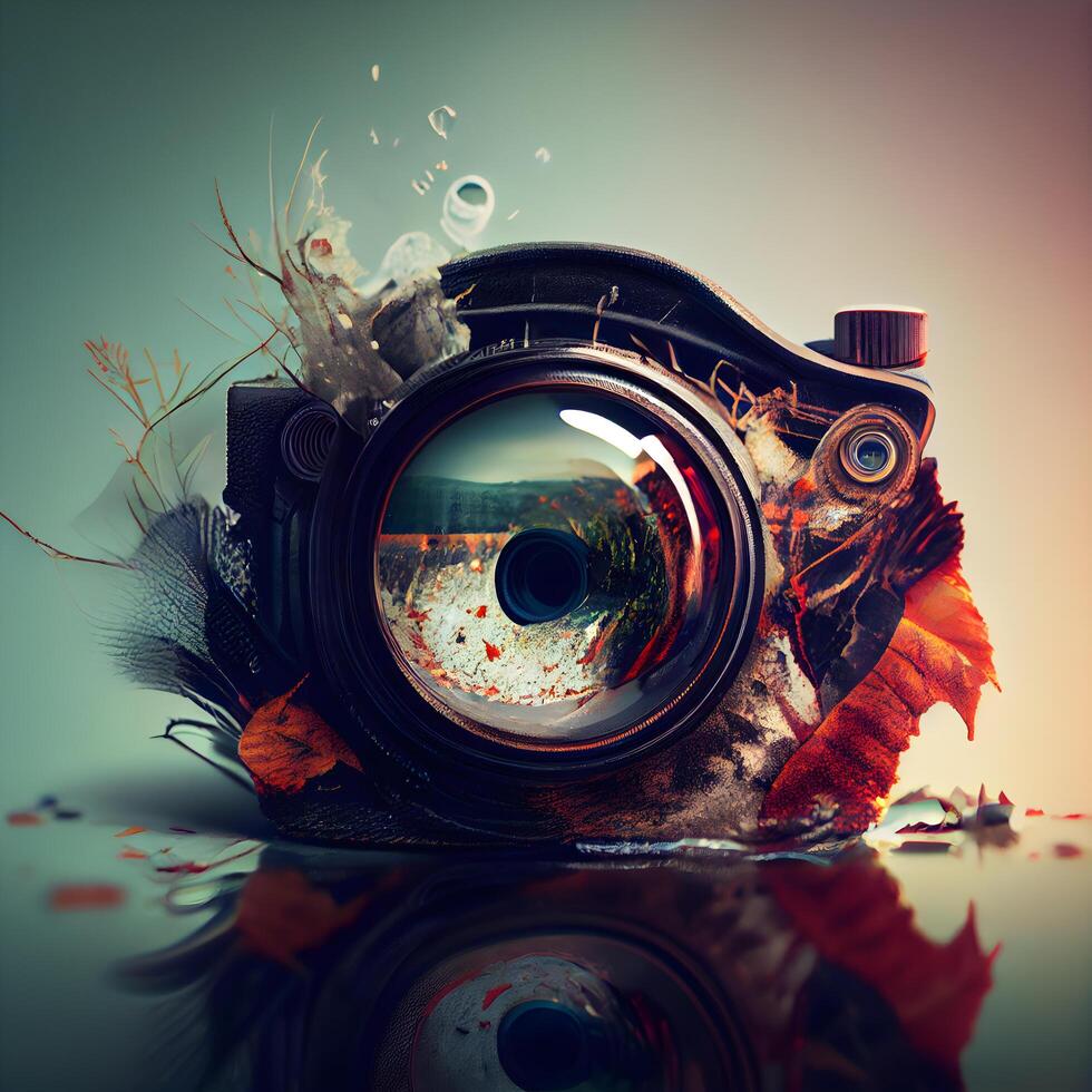 retro camera with autumn leaves and water drops on a dark background, Image photo
