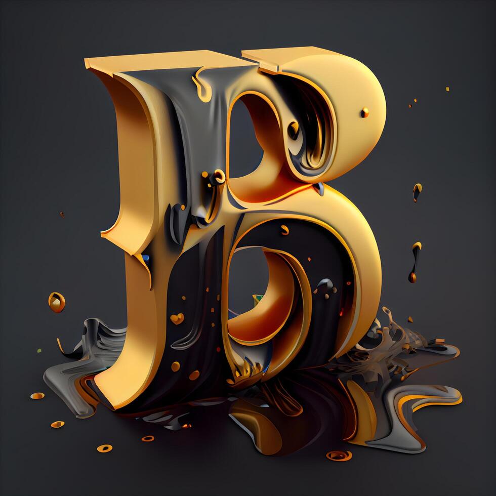 Black and gold liquid splash font. Letter B. 3d render, Image photo