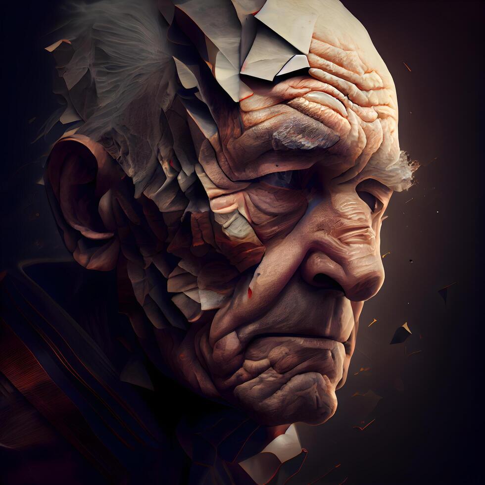 Portrait of an old man made of paper on a dark background., Image photo