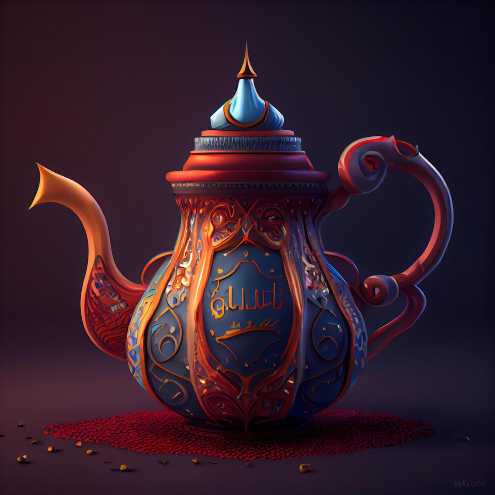 Indian teapot on black background. 3d illustration., Image photo