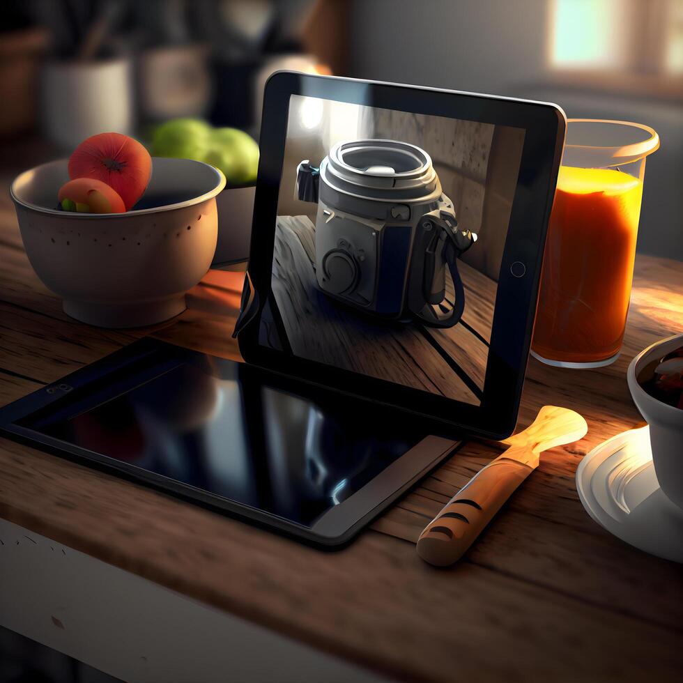 Tablet with ice cubes and orange slice. 3d illustration., Image photo