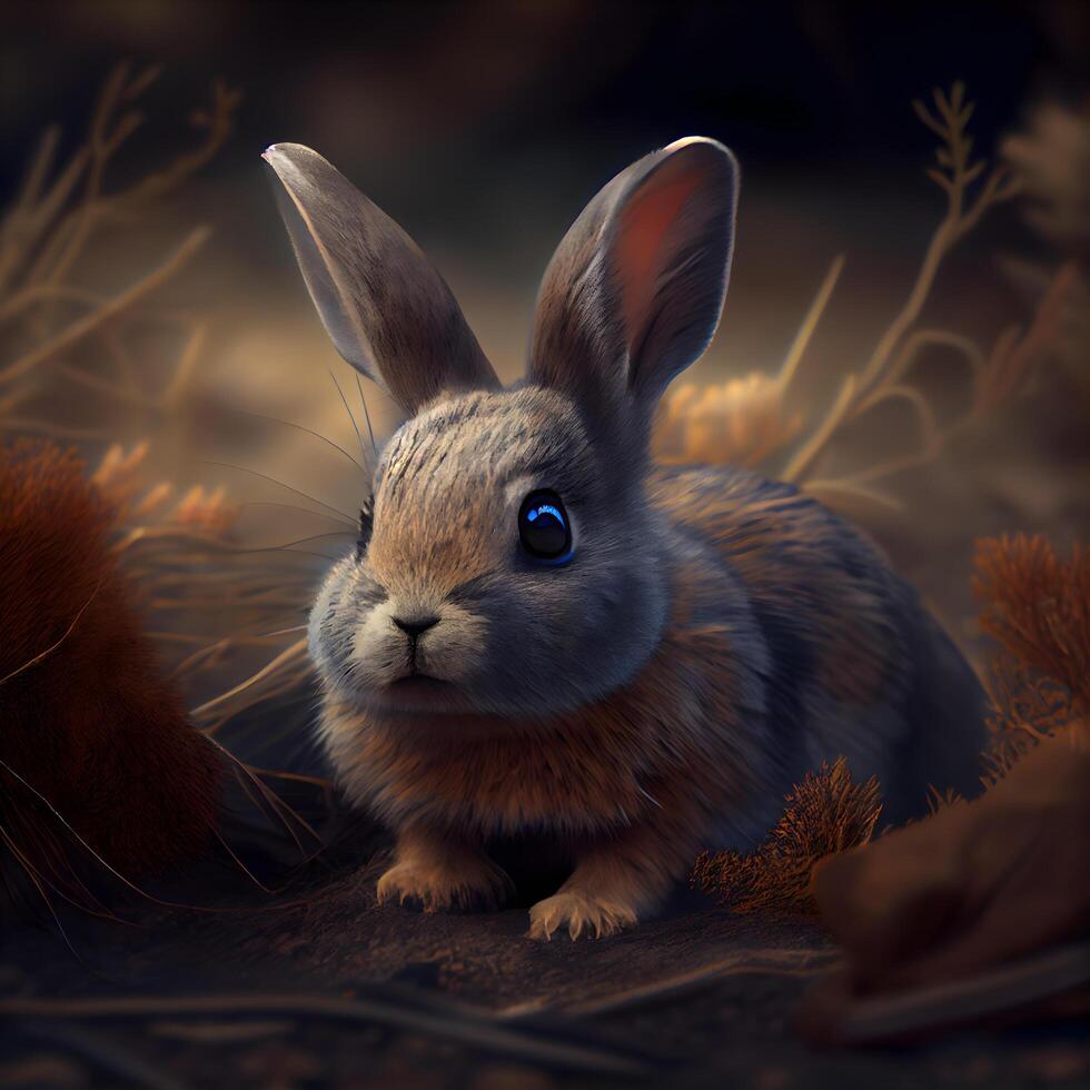 3D rendering of a little brown rabbit in the autumn forest., Image photo