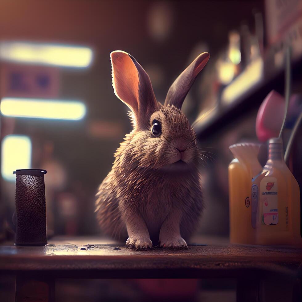 Rabbit in a cafe. Bokeh background. Vintage style., Image photo