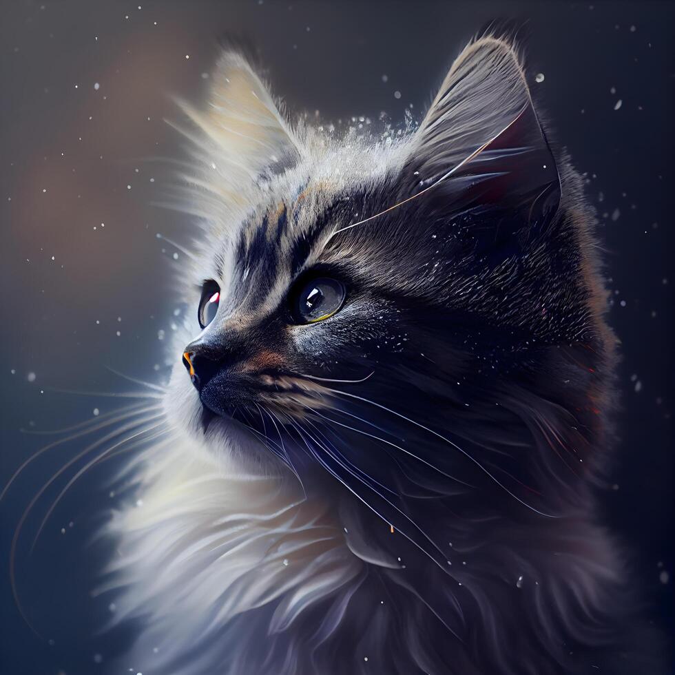 Siberian cat portrait on dark background. Digital art painting., Image photo