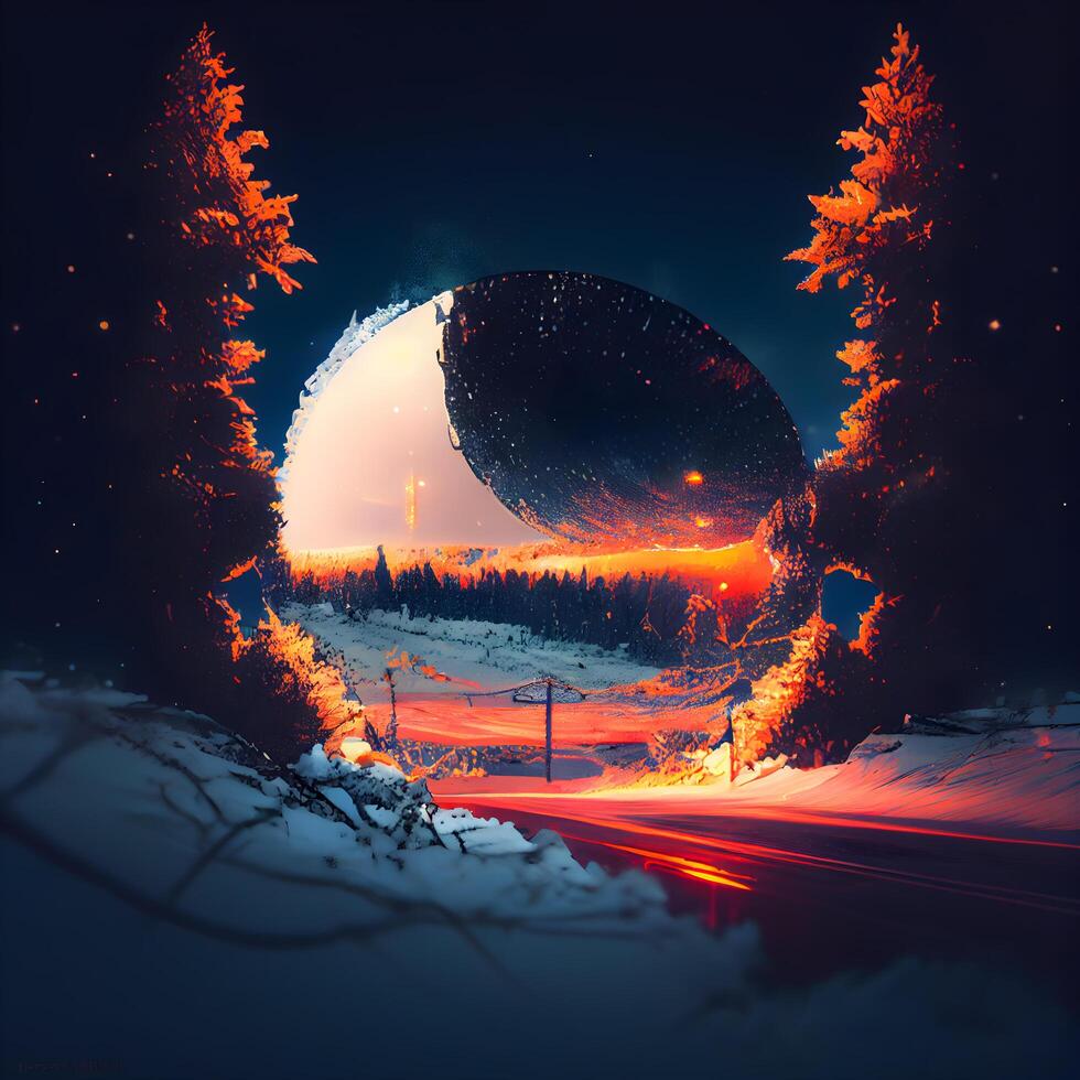 Fantasy landscape of winter forest at night with a full moon., Image photo