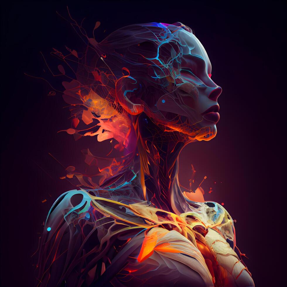 3d rendering of a female figure with a glowing brain in the background, Image photo