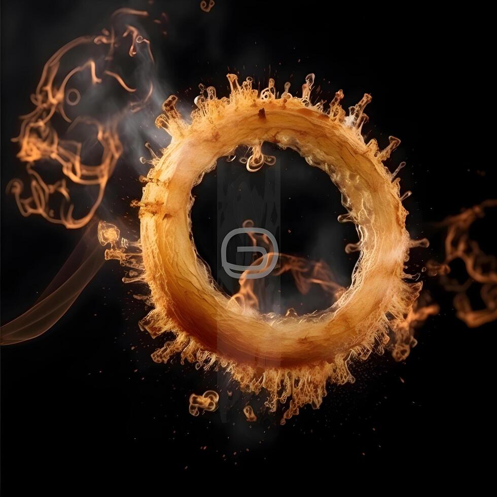 Fried onion rings with smoke on a dark background. Selective focus, Image photo