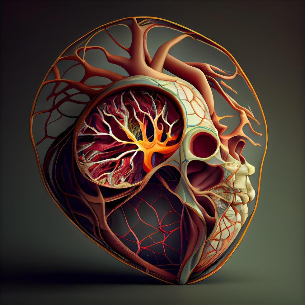 Human heart with veins on a dark background. 3D illustration., Image photo