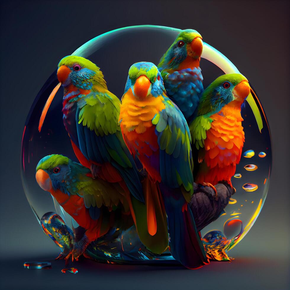 Parrots in a glass sphere on a dark background. 3d rendering, Image photo