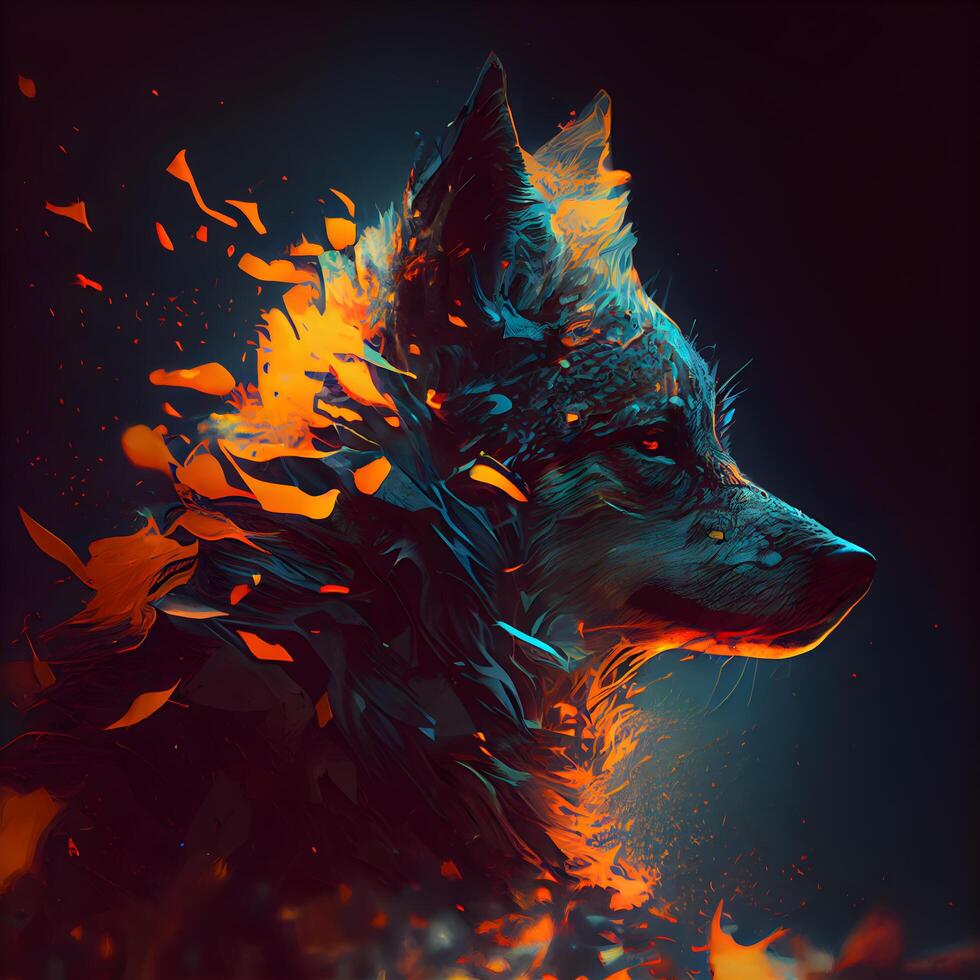 Fantasy illustration of a wolf in a flame of fire on a dark background., Image photo